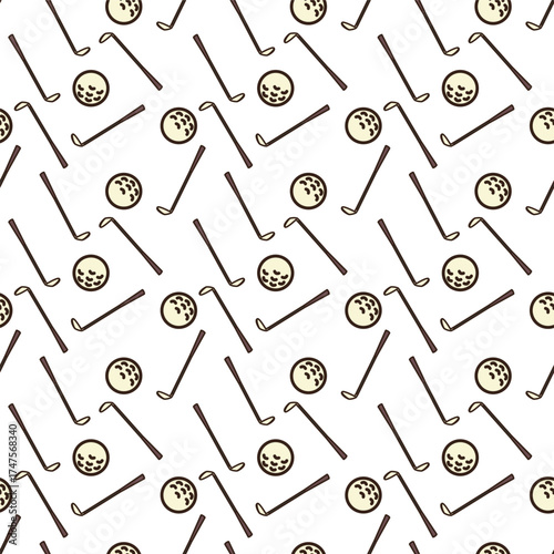 doodle pattern of two golf clubs crossed in an 'X' shape, with a golf ball positioned above their intersection, all on a white background. The golf clubs are brown with lighter, cream colored heads