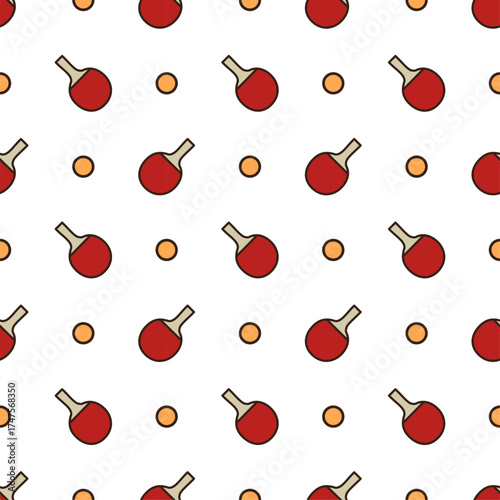 doodle pattern of two ping-pong paddles and a ping-pong ball on a white background. The paddles have red faces and light brown handles with a small orange ping-pong ball positioned between them