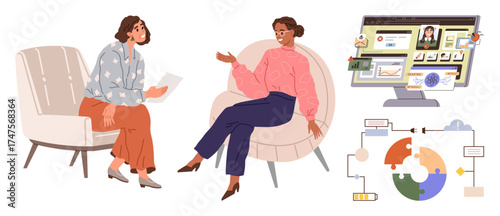 Two colleagues discussing strategies in a lounge setting with a workflow chart. Includes a digital interface showing data and communication tools. Ideal for teamwork, productivity, planning