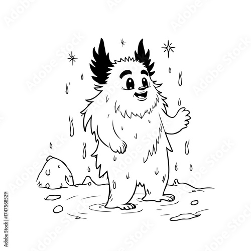 Whimsical furry creature standing happily in a rain puddle under shimmering stars with joy simple