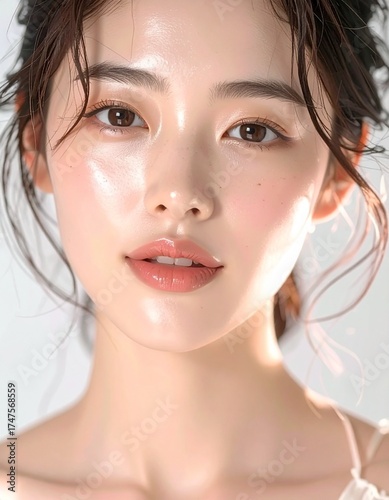 日本人, 超リアル, 美しい若い女性, 顔クローズアップ, 欠点のない肌, 輝く肌質, ナチュラルメイク, 柔らかなライティング, 美容CM風, シネマティック, カメラ目線, 高解像度, Japanese, ultra-realistic, beautiful young woman, face close-up, flawless skin, glowing complexion