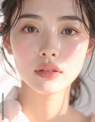 日本人, 超リアル, 美しい若い女性, 顔クローズアップ, 欠点のない肌, 輝く肌質, ナチュラルメイク, 柔らかなライティング, 美容CM風, シネマティック, カメラ目線, 高解像度, Japanese, ultra-realistic, beautiful young woman, face close-up, flawless skin, glowing complexion