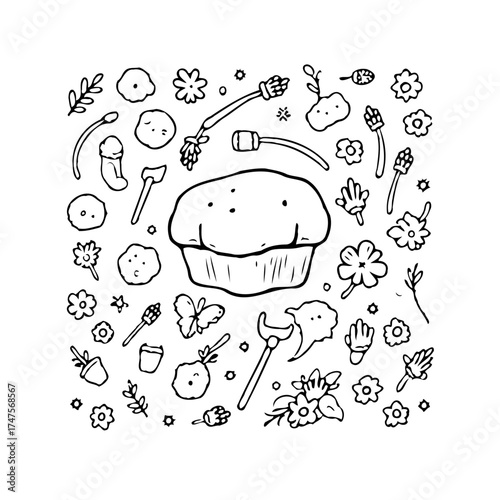 Whimsical garden delights a hand drawn illustration a charming collection of flowers tools and