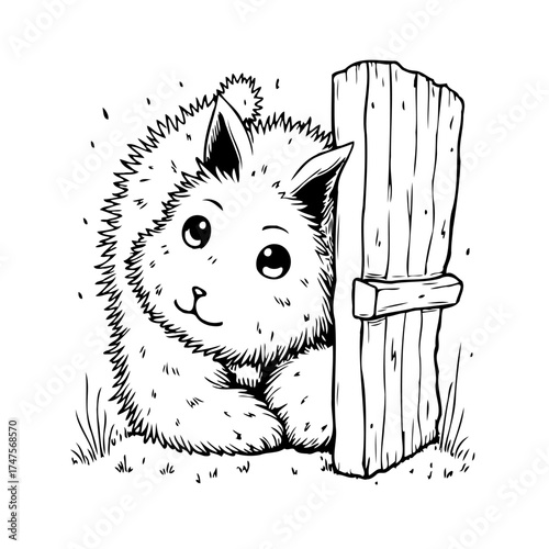 Whimsical fuzzy creature illustration alongside rustic wooden fence post evokes child-like