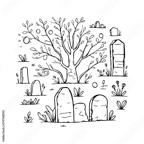 Whimsical graveyard illustration featuring gravestones, a tree, and foliage suitable for coloring