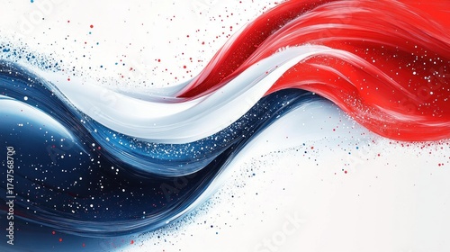 Dynamic flowing waves of red, white, and blue paint strokes merging with splattered droplets on a light background, evoking energy and movement
