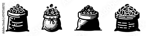 Modern Minimalist Coffee Beans Sack Icon, Flat Silhouette of a Bag with Beans Vector for Café Illustration Design
