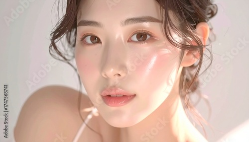 日本人, 超リアル, 美しい若い女性, 顔クローズアップ, 欠点のない肌, 輝く肌質, ナチュラルメイク, 柔らかなライティング, 美容CM風, シネマティック, カメラ目線, 高解像度, Japanese, ultra-realistic, beautiful young woman, face close-up, flawless skin, glowing complexion