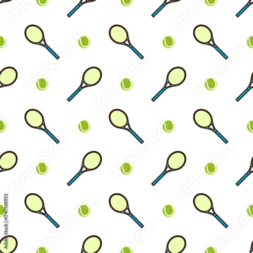 doodle pattern of two tennis rackets crossed with a tennis ball positioned below their intersection. The rackets have light green faces with a grid pattern and blue handles