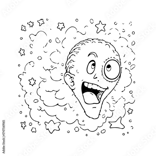 Whimsical illustration of a surprised face surrounded by stars and fluffy cloud-like shapes,