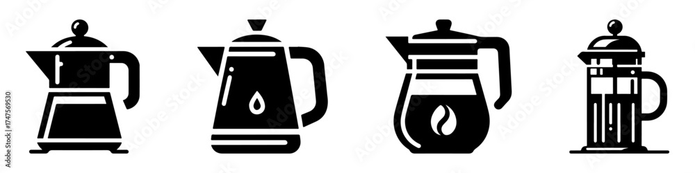 Obraz premium Modern Minimalist Coffee Kettle Icon, Flat Silhouette of a Beverage Tool Vector for Café Illustration Design