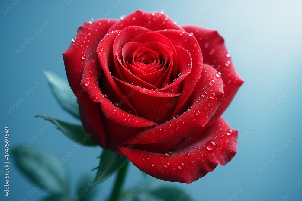 Fototapeta premium Close-up of vibrant red rose flower with dew drops on petals against soft blue background in creative lighting setup. Ai generative. Ai generative