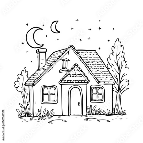 Whimsical monochrome cottage under a celestial canopy perfect for coloring books and children's