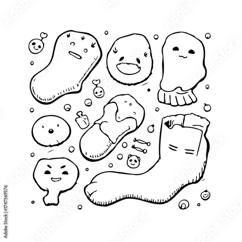 Whimsical monochrome illustration featuring anthropomorphic shapes and objects evoking quirky