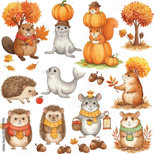 Cute autumn animals and seasonal elements for whimsical fall designs