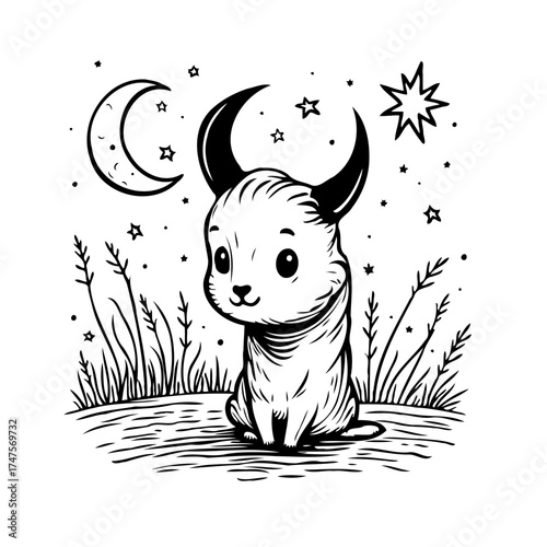 Whimsical nocturnal creature under starry skies enchanting black and white illustration a serene