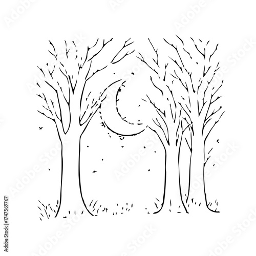 Whimsical nighttime scene showcases crescent moon nestled between the silhouette of bare trees