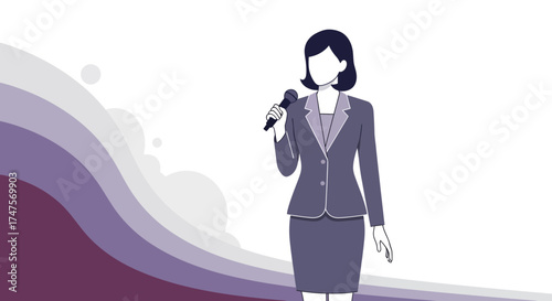 Presenter With A Microphone Delivers Speech Against Abstract Backdrop In Business Setting