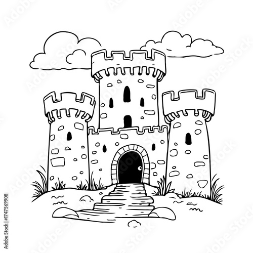 Whimsical royal residence drawing featuring towers, stone stairs, and cloud in detailed hand