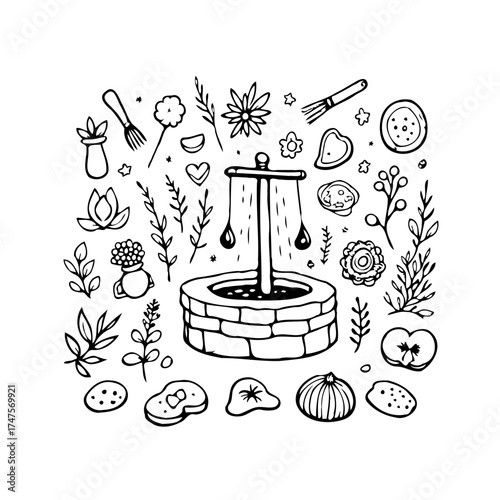 Whimsical rural scene: A sketched well surrounded by flora and homely objects creates a charming