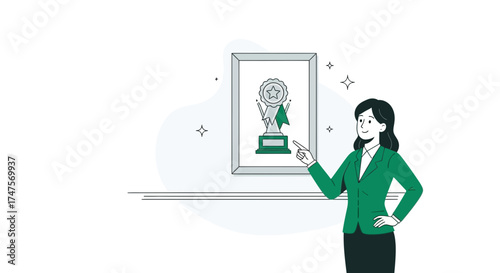 Presenting Accomplishment: A Woman Points To A Framed Trophy Displaying Achievement