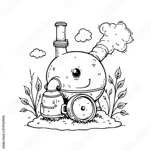 Whimsical science themed illustration featuring a cartoonish laboratory apparatus with plant life