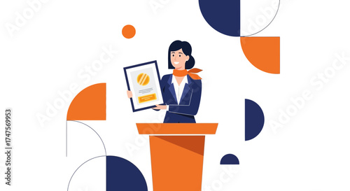 Presenting Award: Woman Displaying Framed Certficate on a Podium with Geometric Shapes