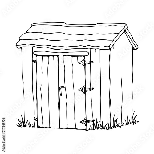 Whimsical shed sketch with rustic charm showcasing simplistic lines and organic elements in black