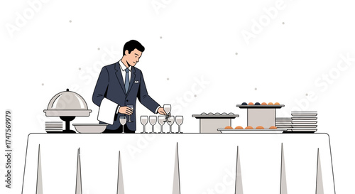 Professional Server Arranging Glasses at a Banquet Buffet with Elegant Food Presentation