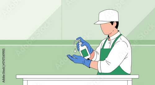 Professional Sanitizing: A Kitchen Staff Member Dispensing Hand Sanitizer For Safety