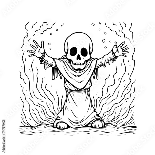 Whimsical skeleton figure illustration with extended arms against a backdrop of swirling, wavy