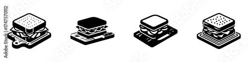 Modern Minimalist Sandwich on Cutting Board Icon, Flat Silhouette of a Meal Vector for Café Illustration Design
