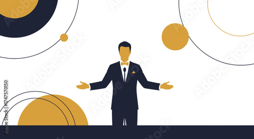 Presenting Man In Formal Attire Against Geometric Background Illustration, Concept of Welcome