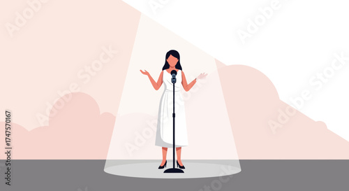 Presenting Woman Speaks On Stage With Microphone Under The Spotlight For An Audience
