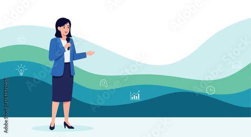 Professional Woman Holding Microphone Presenting At Conference with Wavy Graphics