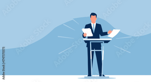Professional Businessman Giving A Presentation At A Podium With Blue Background