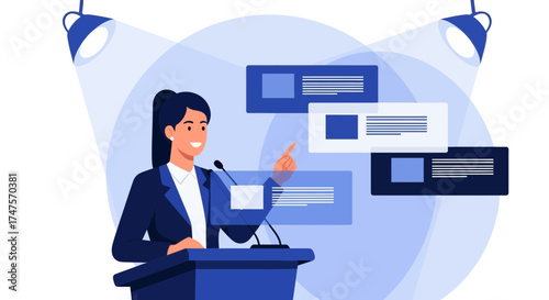 Professional Businesswoman Presenting Data in a Formal Setting with Spotlight Elements