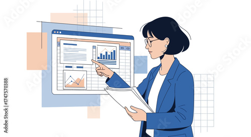 Professional Businesswoman Analyzing Data Presentation On Modern Digital Screen And Document