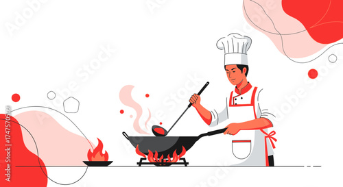 Professional Chef Preparing Food In Wok With Hot Flames, Cooking And Culinary Theme