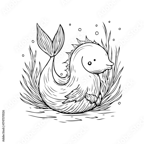 Whimsical underwater creature illustration with aquatic plants and bubbles in a delicate line