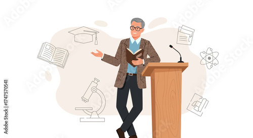 Professor Delivering Presentation At Podium, Education And Science Concepts Depicted For Learning