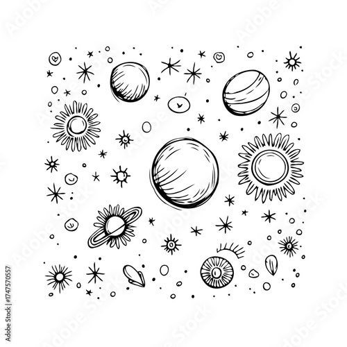 Whimsical universe: Hand-drawn planets, stars, and celestial bodies floating in the vast cosmos