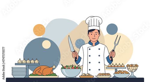 Professional Chef Presenting Gourmet Dishes at a Restaurant Buffet Style of Food