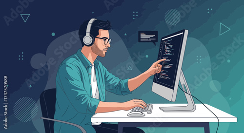 Programmer Focusing Intently on Code While Wearing Headphones, Working On A Monitor For Hours