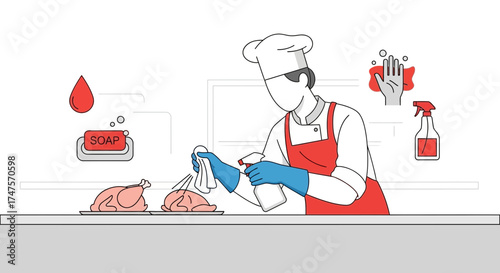 Professional Chef Sanitizing Kitchen Surface And Raw Chicken For Perfect Food Safety