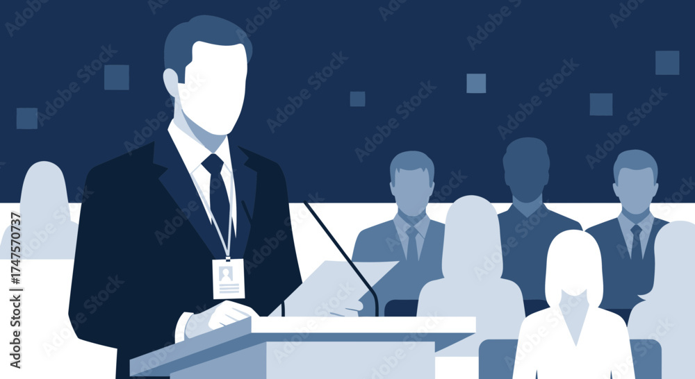 Fototapeta premium Public Speaker Addressing Audience During Conference Or Business Presentation Event