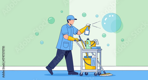 Professional Cleaning Service Agent Using Spray And Cart For Maintaining Cleanliness