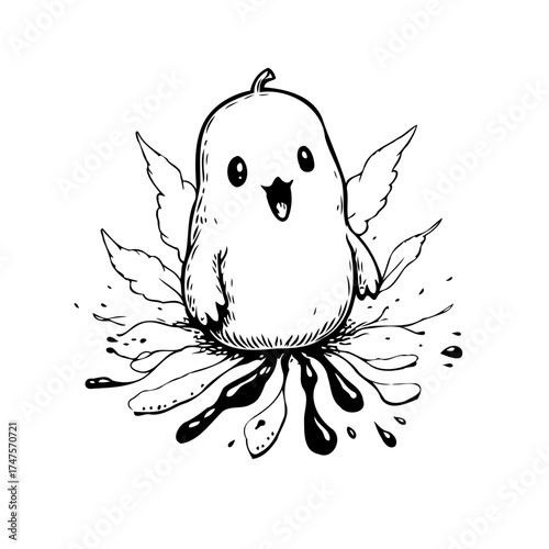 Whimsical winged creature perched atop a floral bloom with ink droplets forming an elegant