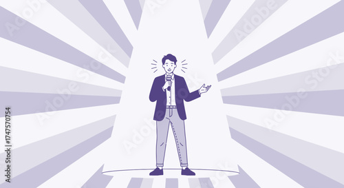 Public Speaker Addressing Audience Under Spotlight with Modern Colorful Illustration