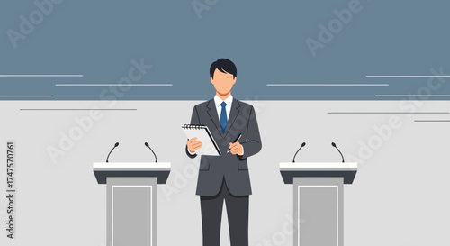 Professional Debater Standing Between Two Podiums in Preparation for Public Speaking Practice